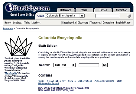 Iskanje v spletišču Bartleby Columbia Encyclopedia