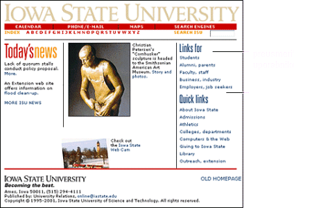 Screen shot: Path-based home page on Iowa State University site