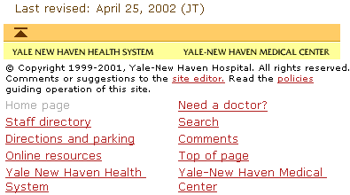 Screen shot: Text-based footer links on Yale-New Haven Hospital pages
