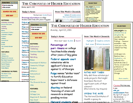 Screen shot: Two views of Chronicle of Higher Education home page