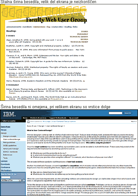 Screen shot: Fixed layout on Faculty Web User Group page and flexible layout on IBM Ease of Use page