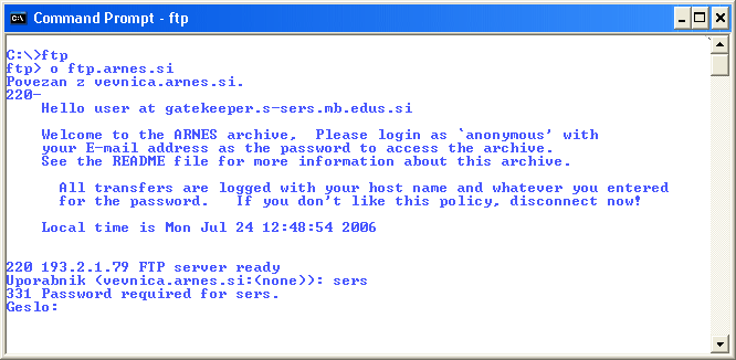 Prijava in uporaba ftp v ukazni vrstici