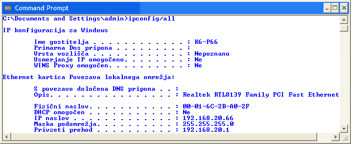 šrimer ipconfig/all