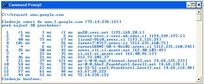 Primer storitve tracert